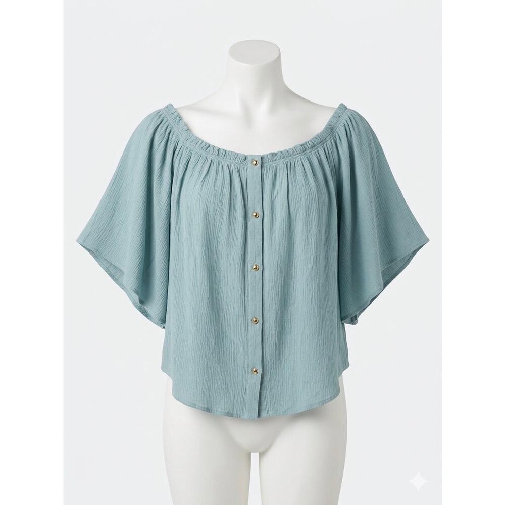 Anthropologie Cloth & Stone Blue Boho Flutter Sleeve Button Down Top L